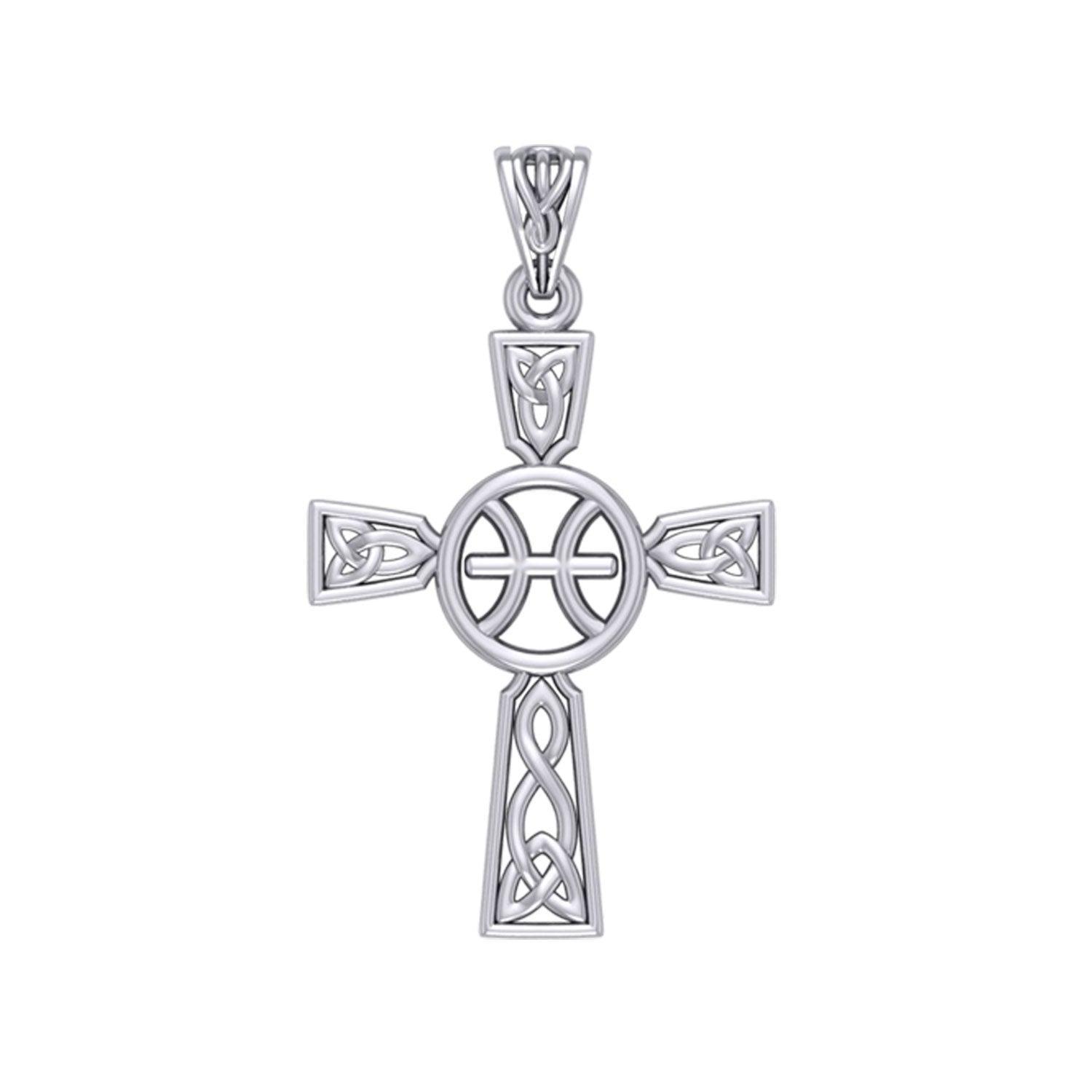 Celtic Cross Pisces Astrology Zodiac Sign Silver Pendant TPD5947