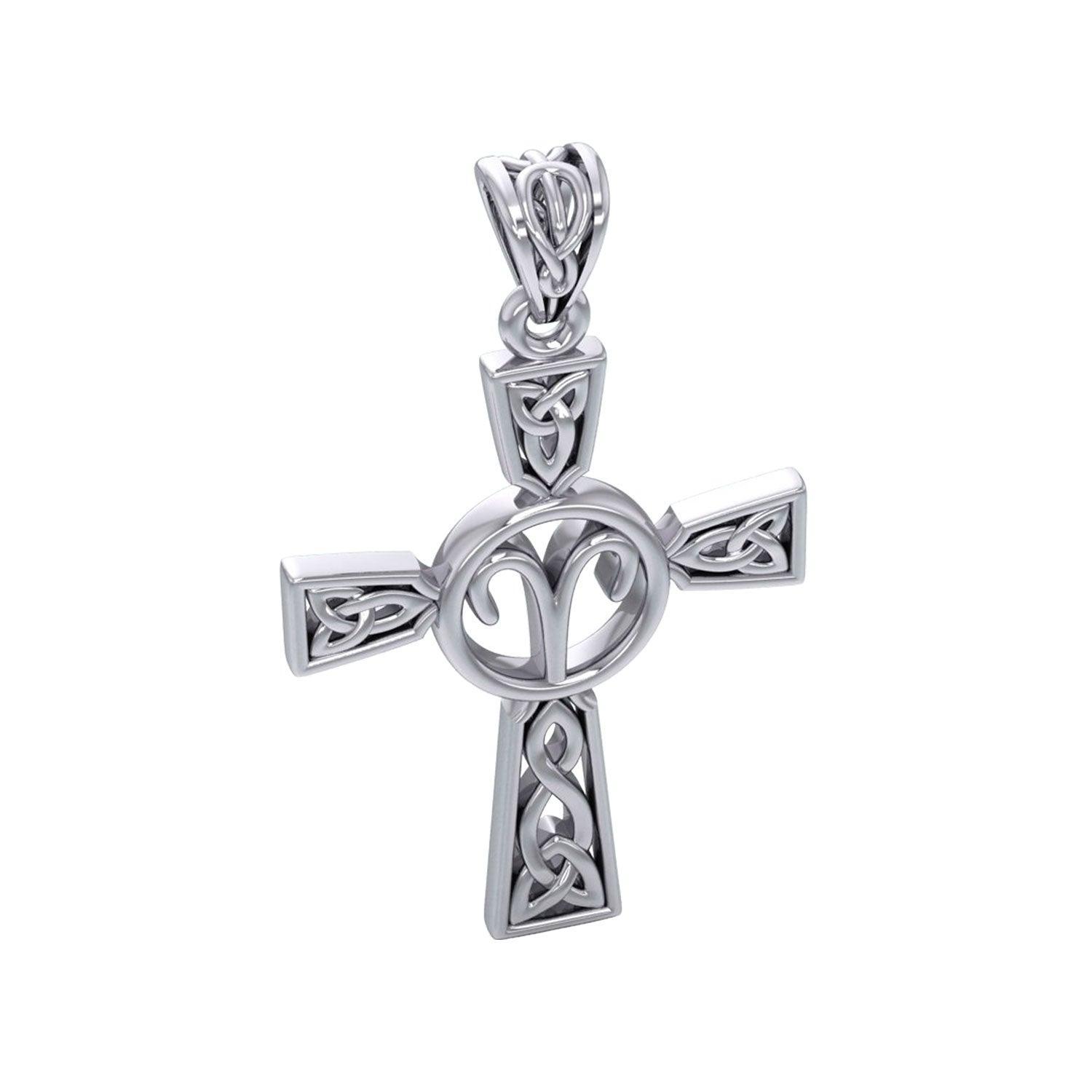 Celtic Cross Aries Astrology Zodiac Sign Silver Pendant TPD5948