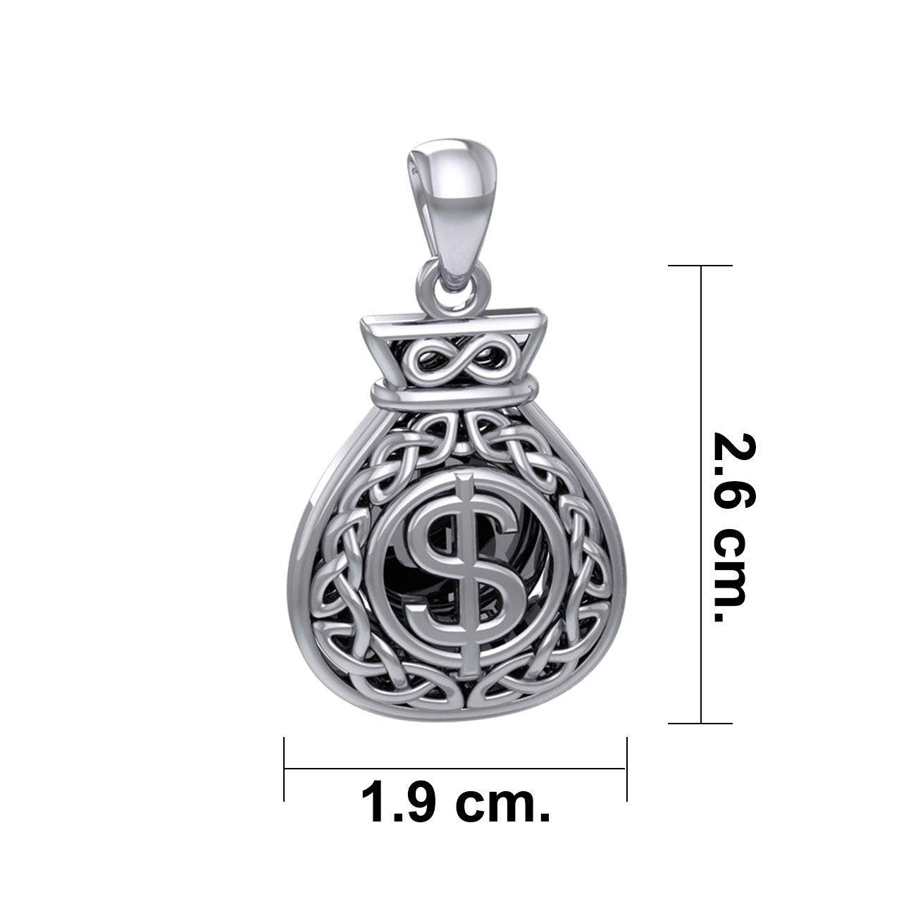 Celtic Infinity Money Bag with Wealth and Prosperity Bind Rune Silver Pendant TPD5962