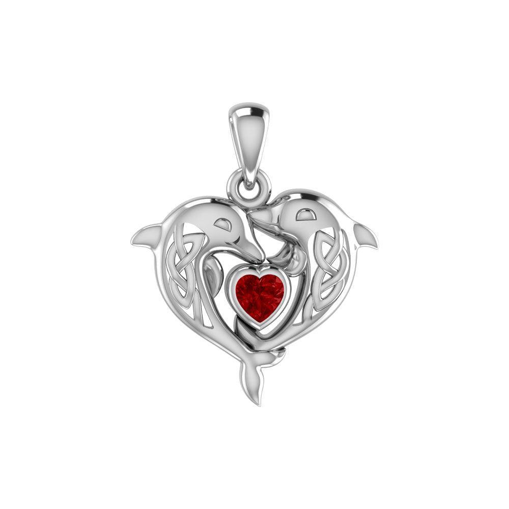 Celtic Double Dolphin With Heart Gemstone Pendant TPD6046