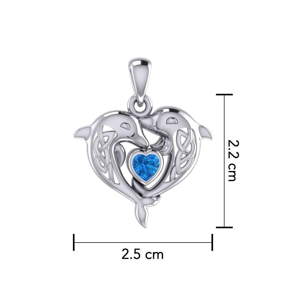 Celtic Double Dolphin With Heart Gemstone Pendant TPD6046