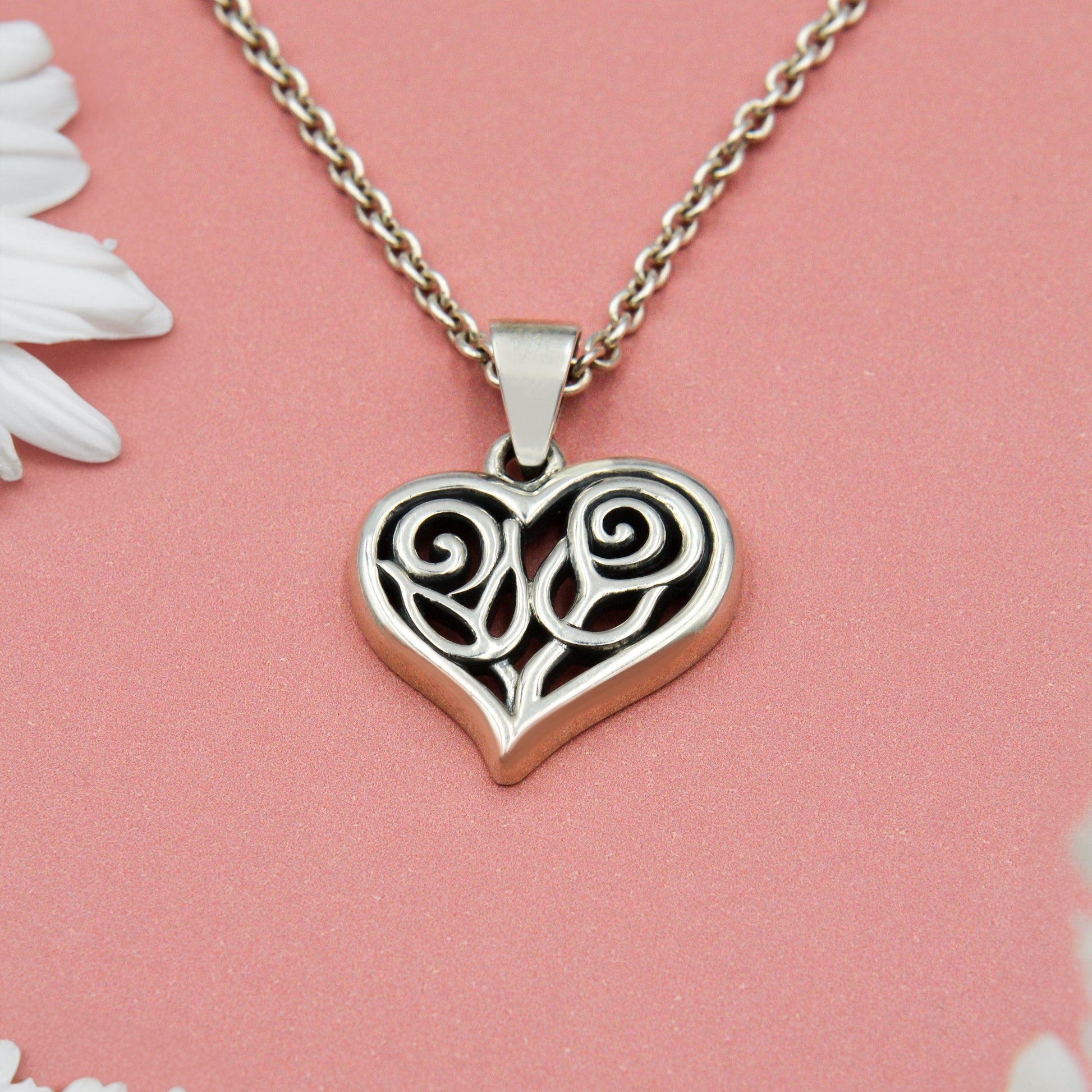 Double Roses in Heart Silver Pendant TPD6047 - peterstone.dropshipping