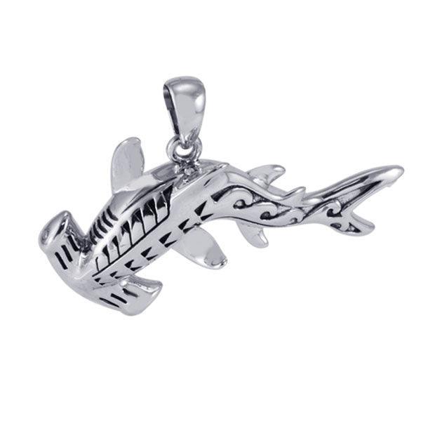 Hammerhead Shark with Wave Designs Engrave into Body Silver Pendant TPD6103