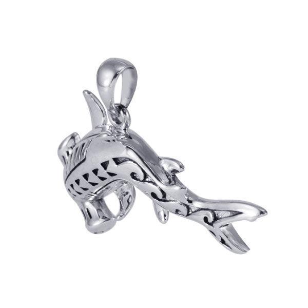 Hammerhead Shark with Wave Designs Engrave into Body Silver Pendant TPD6103