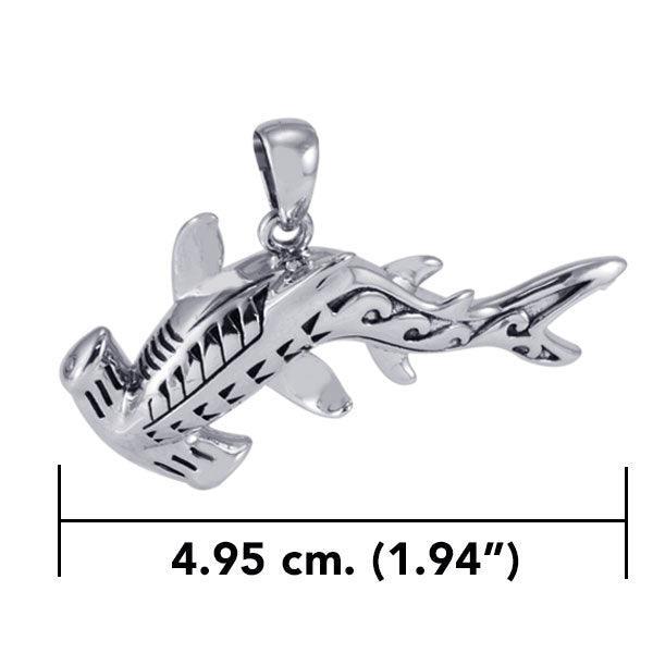 Hammerhead Shark with Wave Designs Engrave into Body Silver Pendant TPD6103