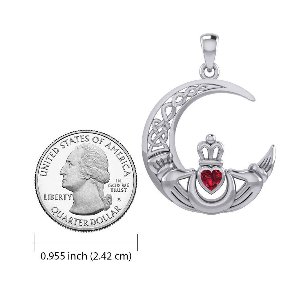 Claddagh on Celtic Moon Silver Pendant with Heart Gemstone TPD6125
