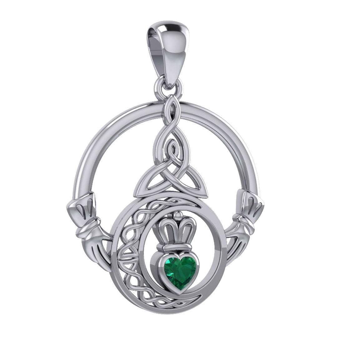 Claddagh and Celtic Crescent Moon with Heart Gemstone Silver Pendant TPD6130