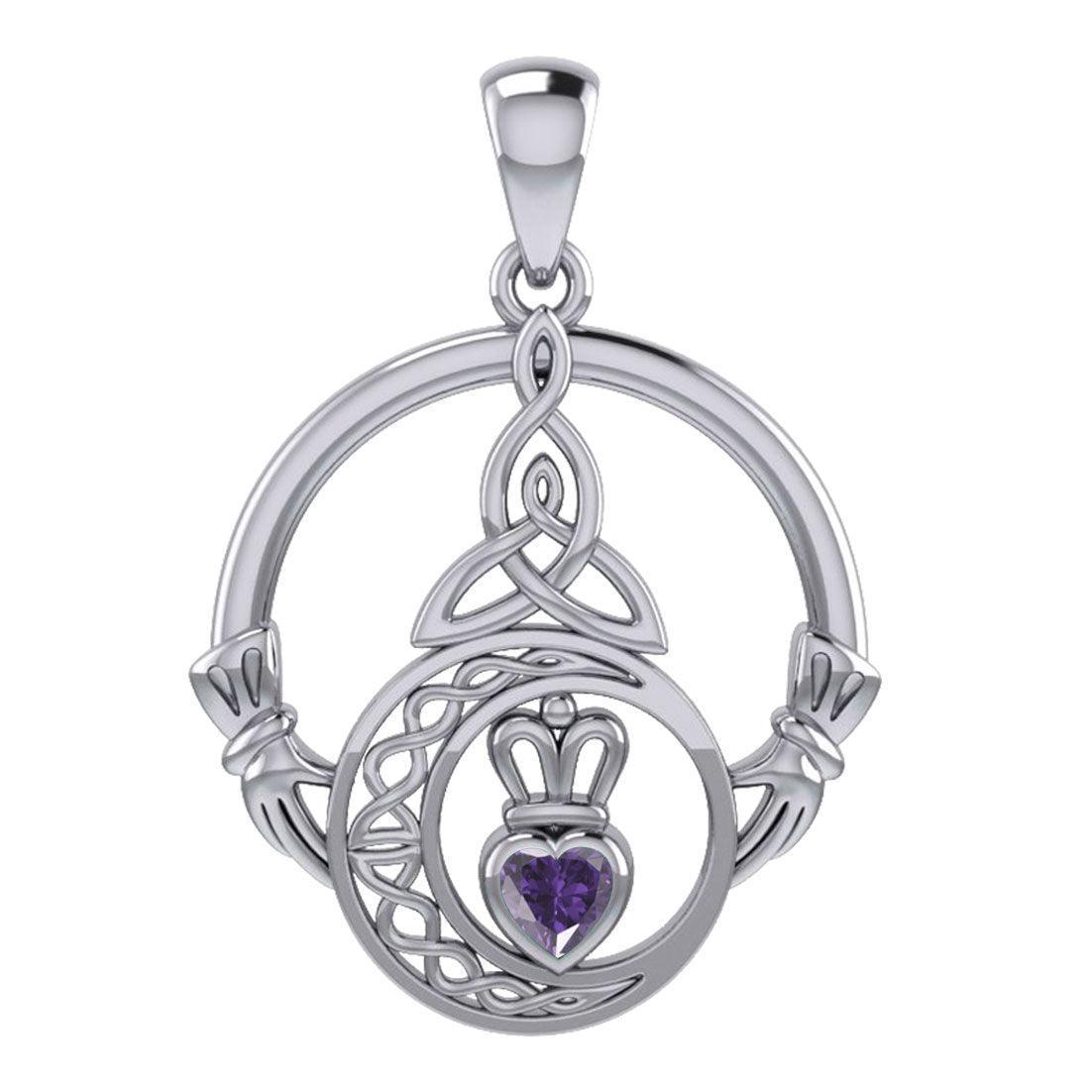 Claddagh and Celtic Crescent Moon with Heart Gemstone Silver Pendant TPD6130