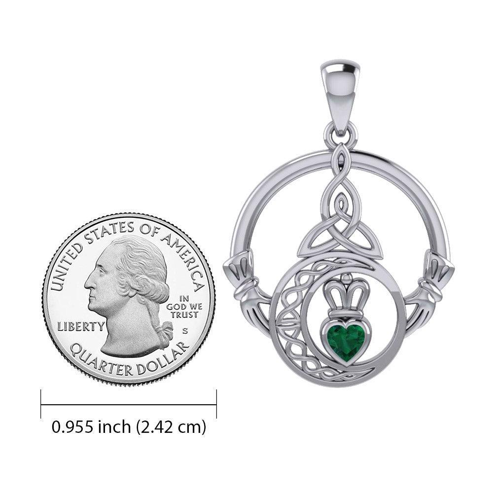 Claddagh and Celtic Crescent Moon with Heart Gemstone Silver Pendant TPD6130