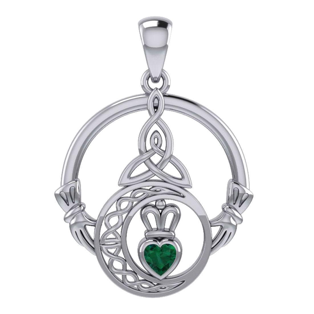 Claddagh and Celtic Crescent Moon with Heart Gemstone Silver Pendant TPD6130