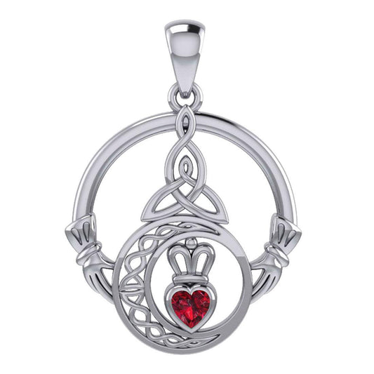 Claddagh and Celtic Crescent Moon with Heart Gemstone Silver Pendant TPD6130