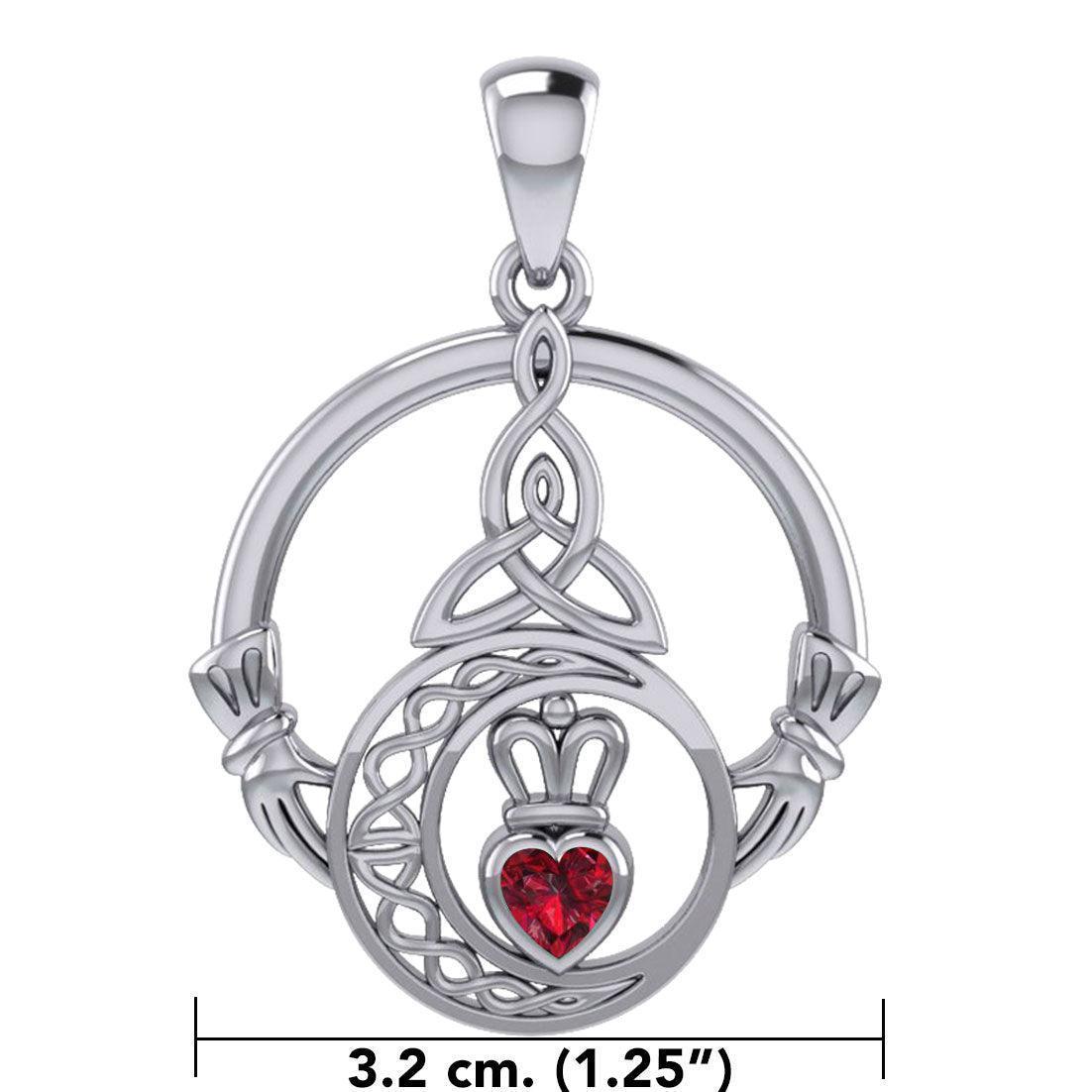 Claddagh and Celtic Crescent Moon with Heart Gemstone Silver Pendant TPD6130