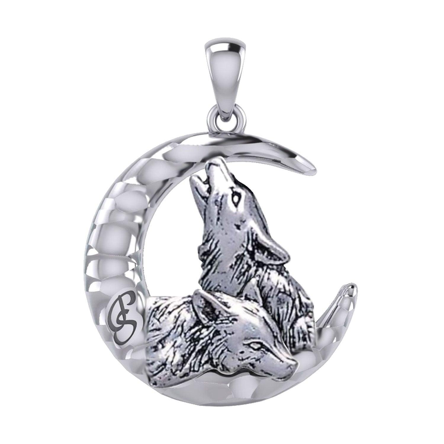 Peter Stone Double Wolves with Crescent Moon Silver Pendant TPD6137 - peterstone.dropshipping