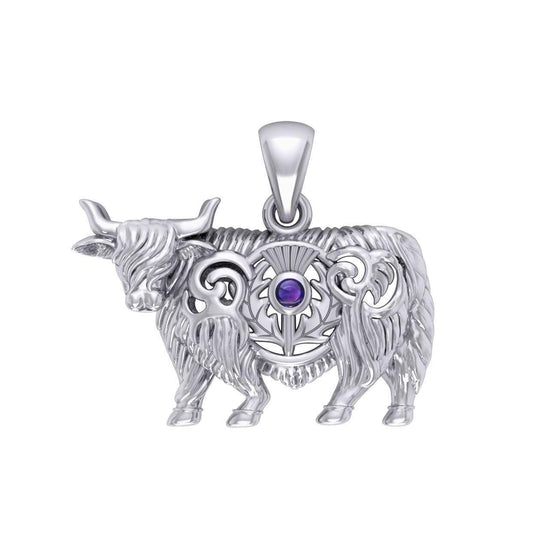Highland Cow with Thistle and Gemstone Silver Pendant TPD6141 - peterstone.dropshipping