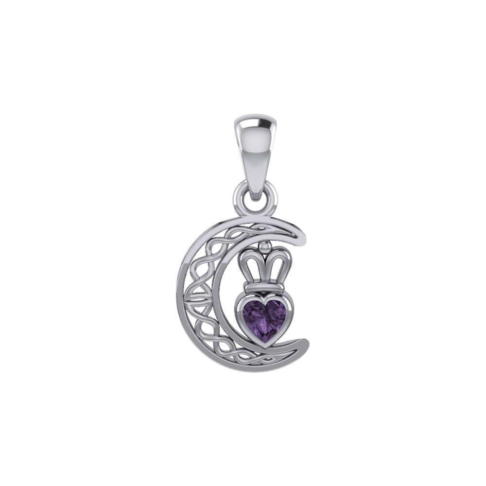 Peter Stone Celtic Crescent Moon Sterling Silver Pendant with Genuine Gemstone Claddagh Design TPD6193