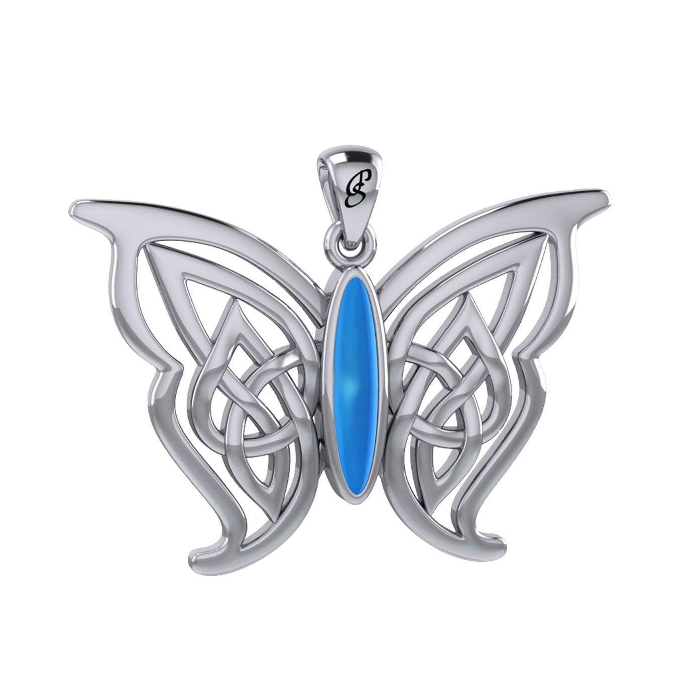 Soar Sterling Silver Joyful Celtic Butterfly with Inlaid Stone Silver Pendant - TPD6202 by Peter Stone