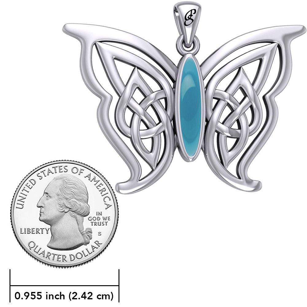 Soar Sterling Silver Joyful Celtic Butterfly with Inlaid Stone Silver Pendant - TPD6202 by Peter Stone