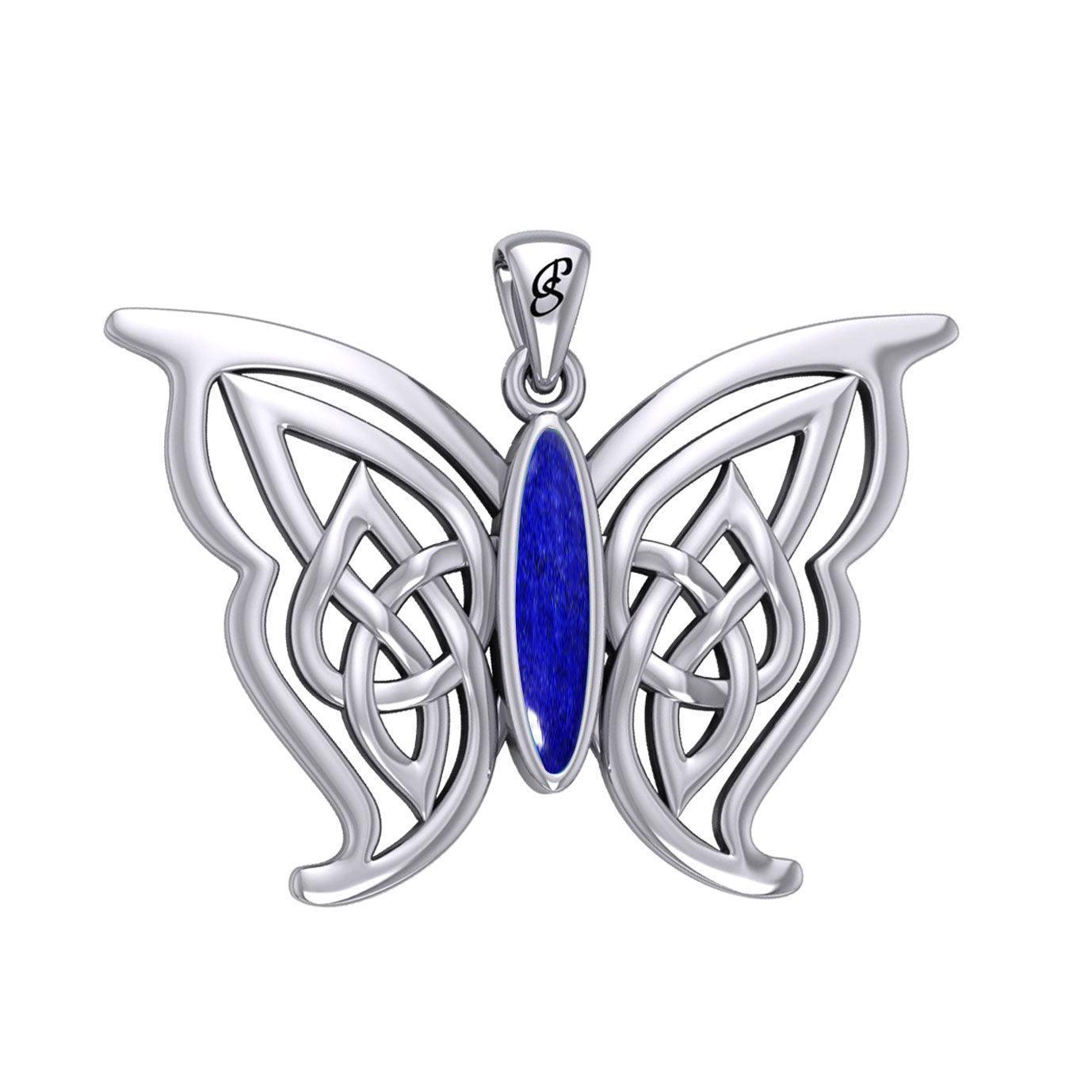 Soar Sterling Silver Joyful Celtic Butterfly with Inlaid Stone Silver Pendant - TPD6202 by Peter Stone