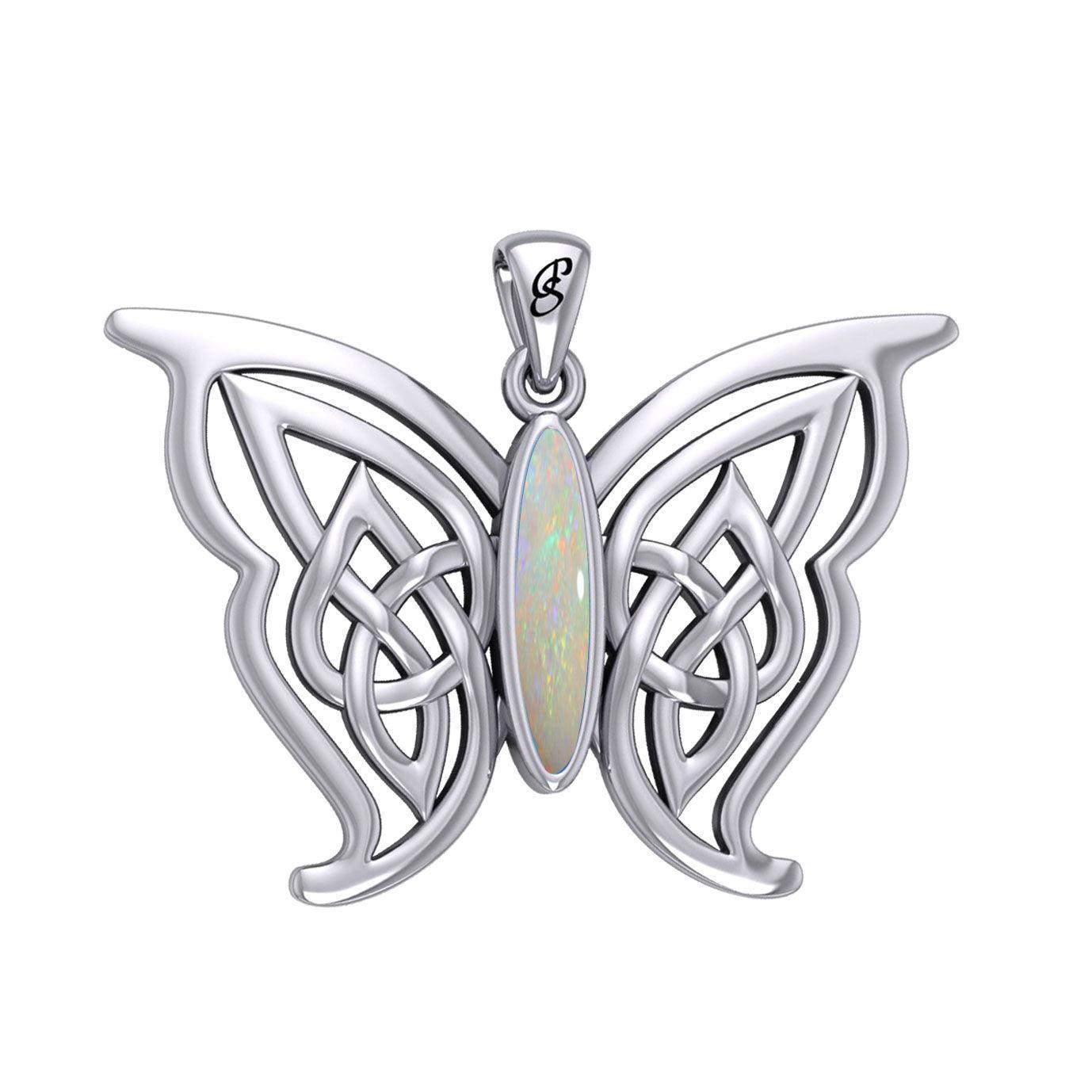 Soar Sterling Silver Joyful Celtic Butterfly with Inlaid Stone Silver Pendant - TPD6202 by Peter Stone