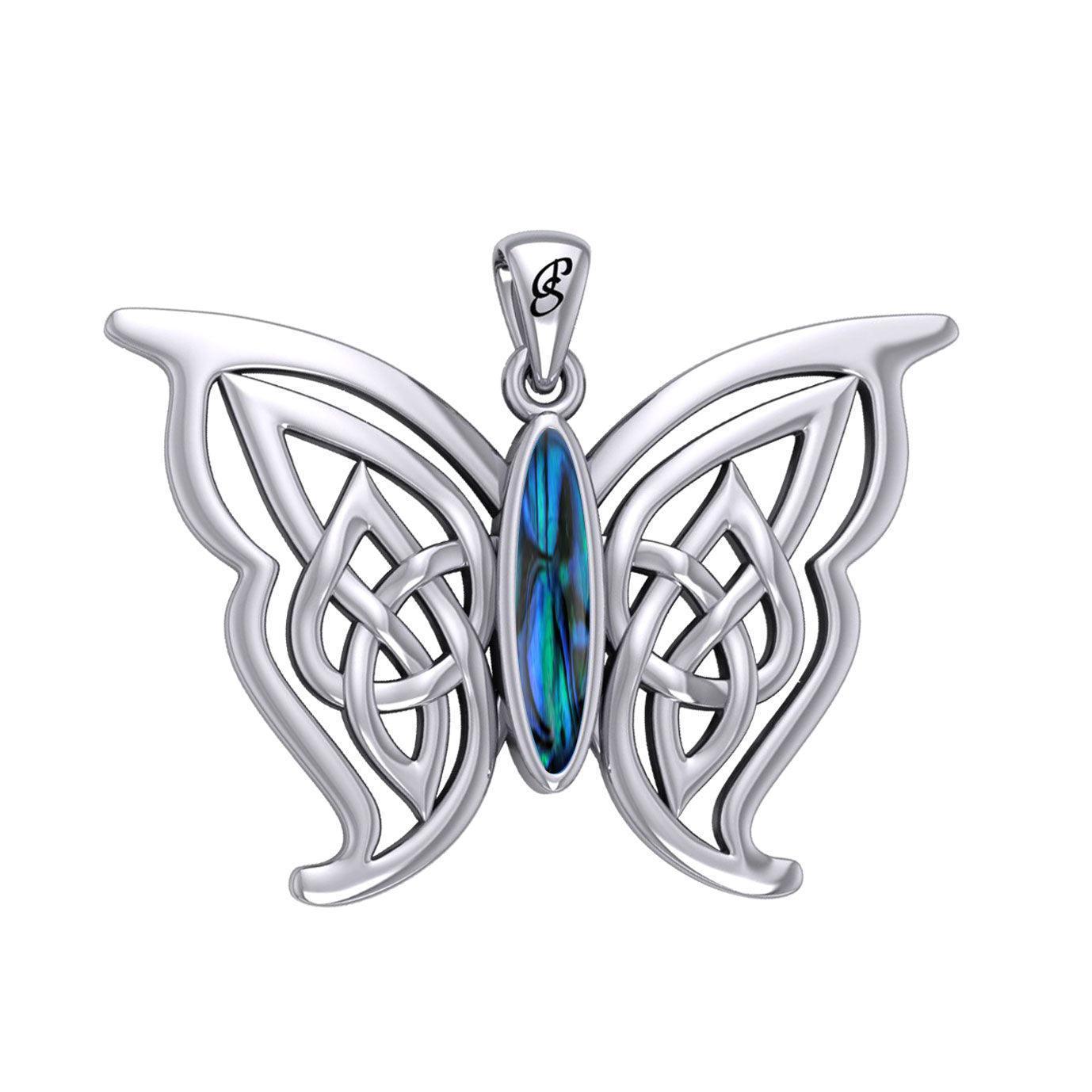 Soar Sterling Silver Joyful Celtic Butterfly with Inlaid Stone Silver Pendant - TPD6202 by Peter Stone