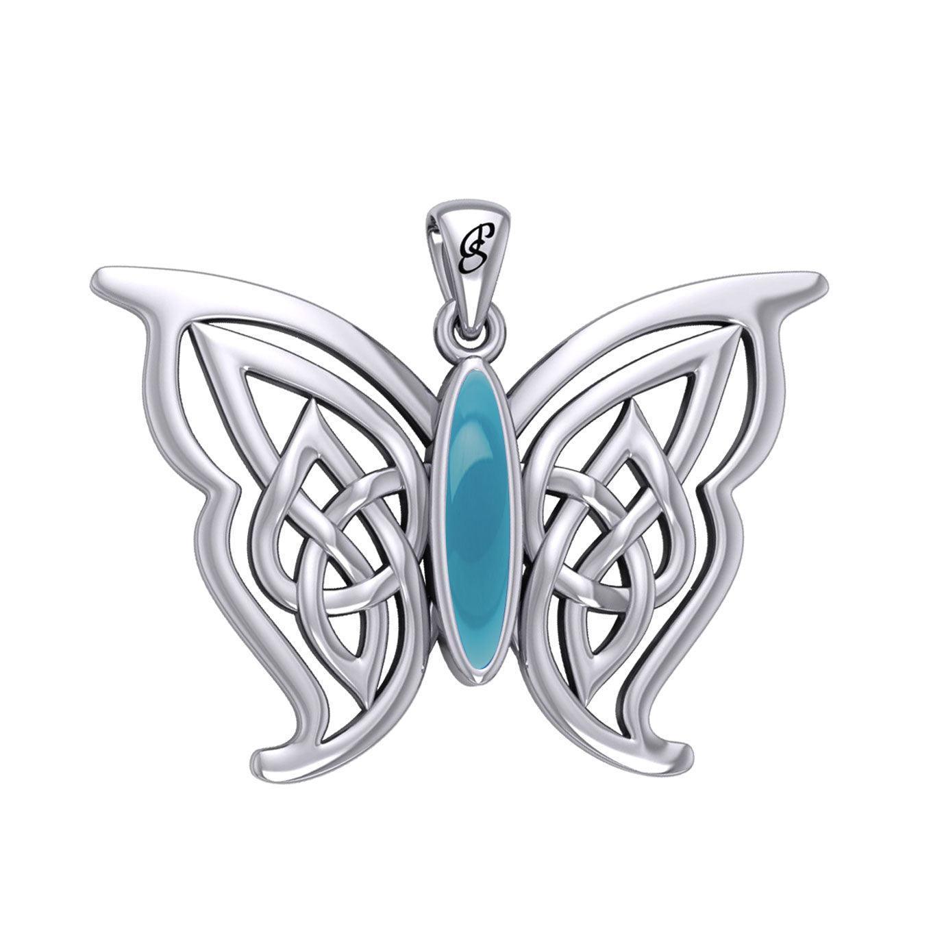 Soar Sterling Silver Joyful Celtic Butterfly with Inlaid Stone Silver Pendant - TPD6202 by Peter Stone