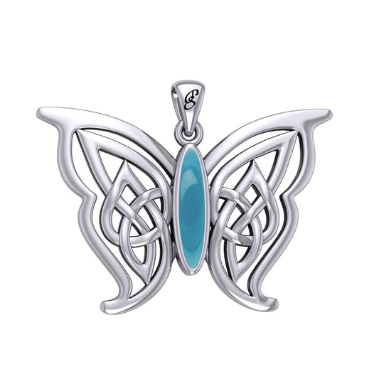 Soar Sterling Silver Joyful Celtic Butterfly with Inlaid Stone Silver Pendant - TPD6202 by Peter Stone