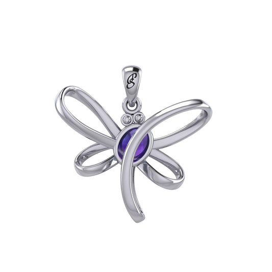 Serenity Soars: Eternal Dragonfly Sterling Silver Pendant with Oval Gemstone Connection by Peter Stone Jewelry - Inspiring Your Journey to Success TPD6212