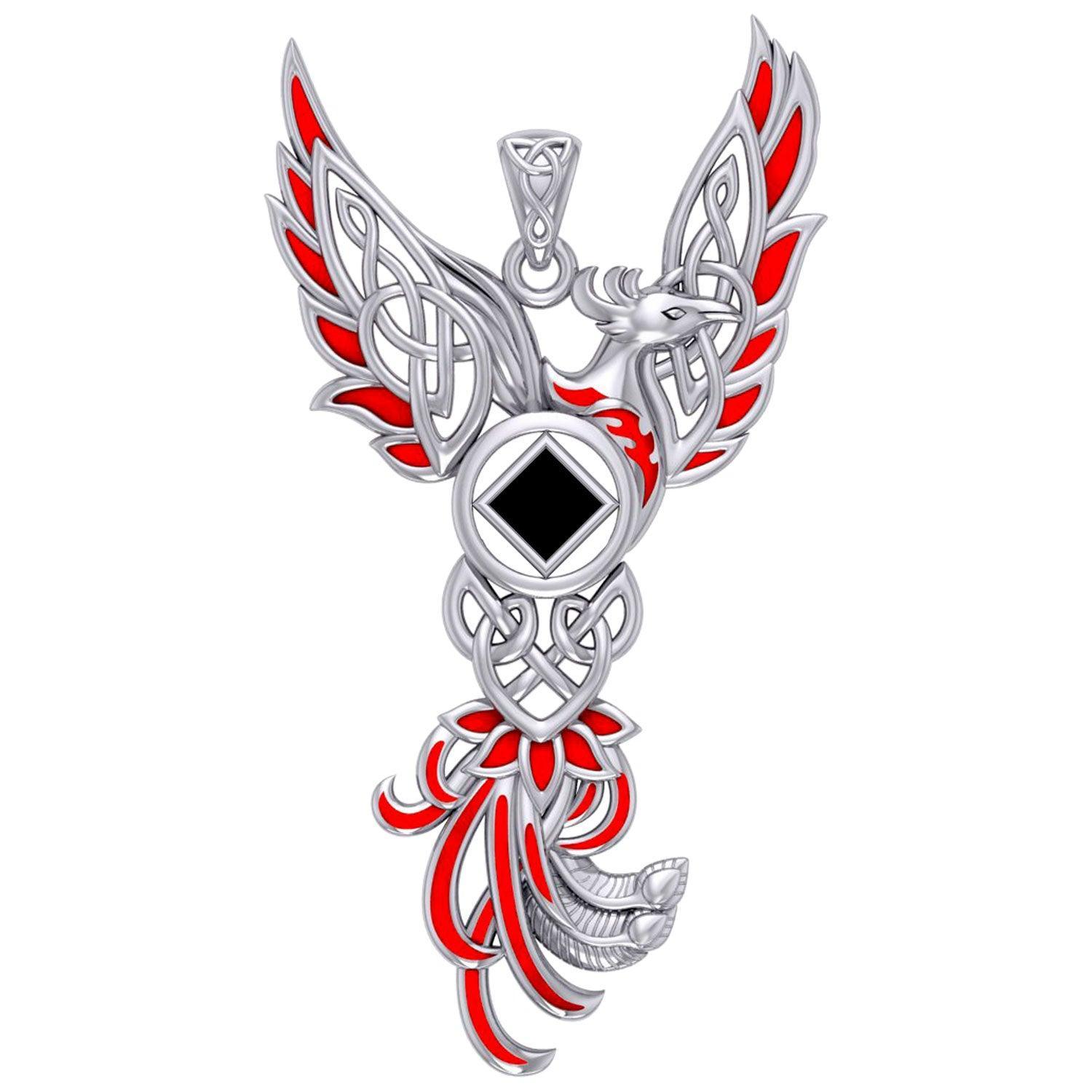 Celtic Phoenix NA Recovery Silver Pendant with Red Enamel and Genuine Black Onyx TPD6245 - Wholesale Jewelry