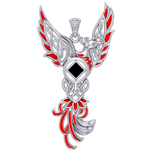 Celtic Phoenix NA Recovery Silver Pendant with Red Enamel and Genuine Black Onyx TPD6245 - Wholesale Jewelry