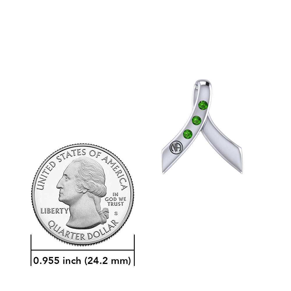Ribbon with NA Recovery Symbol Sterling Silver Slider Pendant with Gems TPD6313
