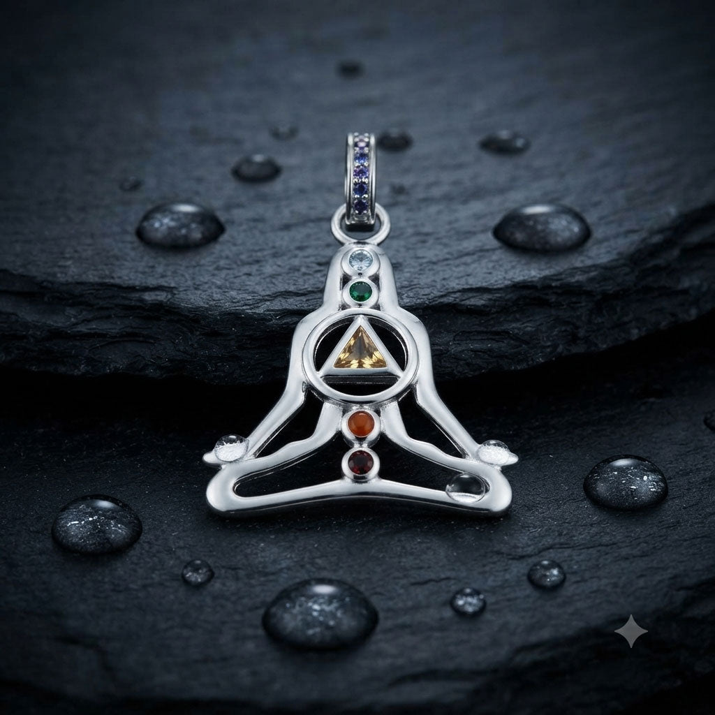 Sterling Silver Healing Chakra Pendant With Recovery Triangle and Mixed Color Gemstone TPD6340