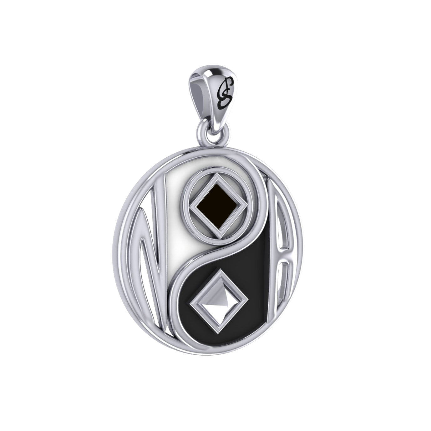 Balancing Yin Yang With NA Recovery Symbol Sterling Silver Pendant with Black and White Enamel TPD6352