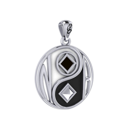 Balancing Yin Yang With NA Recovery Symbol Sterling Silver Pendant with Black and White Enamel TPD6352