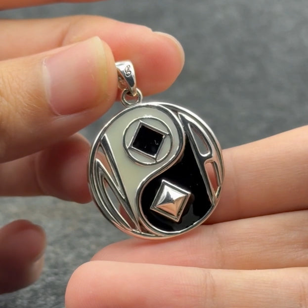 Balancing Yin Yang With NA Recovery Symbol Sterling Silver Pendant with Black and White Enamel TPD6352