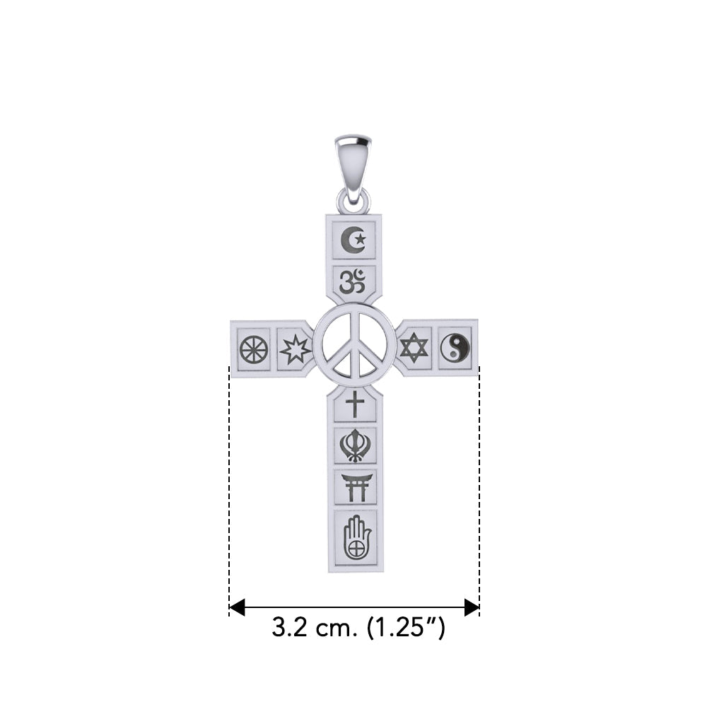 Universal Faiths Symbol Cross with Peace Sterling Silver Pendant TPD6361