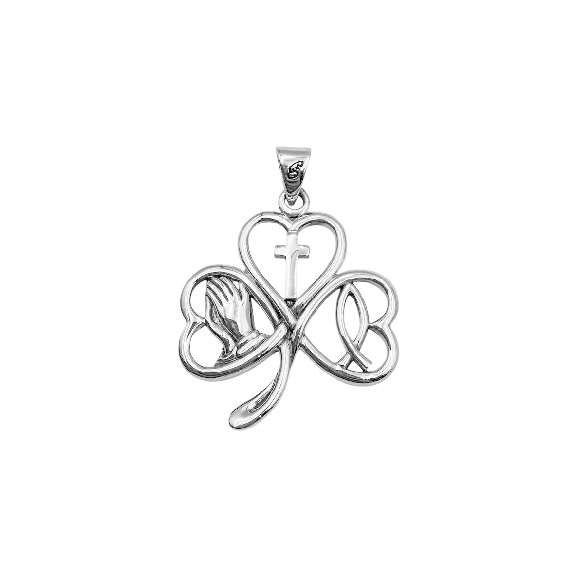 Shamrock with Faith Symbols Sterling Silver Pendant TPD6393