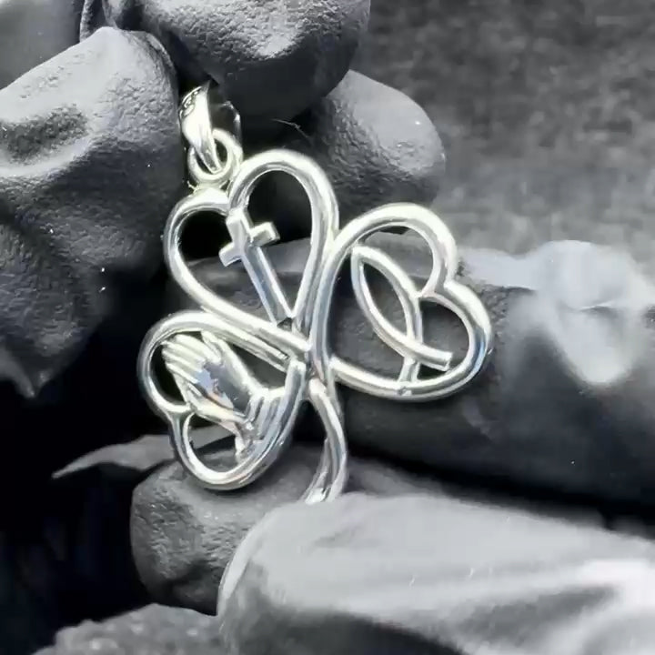 Shamrock with Faith Symbols Sterling Silver Pendant TPD6393