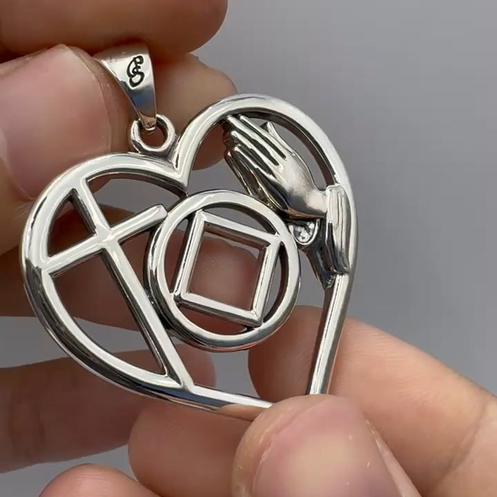 NA Recovery Symbol with Faith and Christogram in Heart Sterling Silver Pendant TPD6396