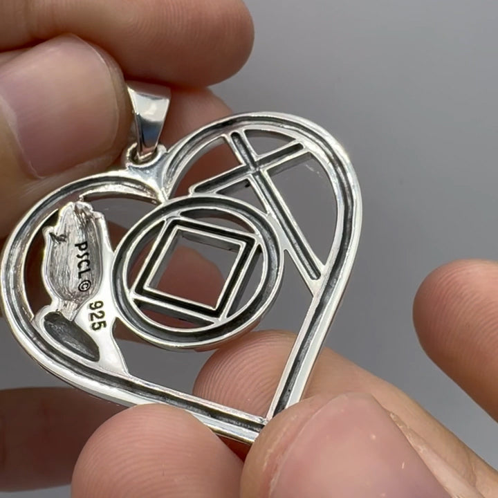 NA Recovery Symbol with Faith and Christogram in Heart Sterling Silver Pendant TPD6396