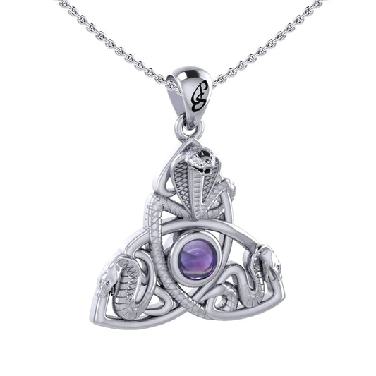 Triple Snake with Celtic Trinity Knot Sterling Silver Pendant with Gem TPD6426