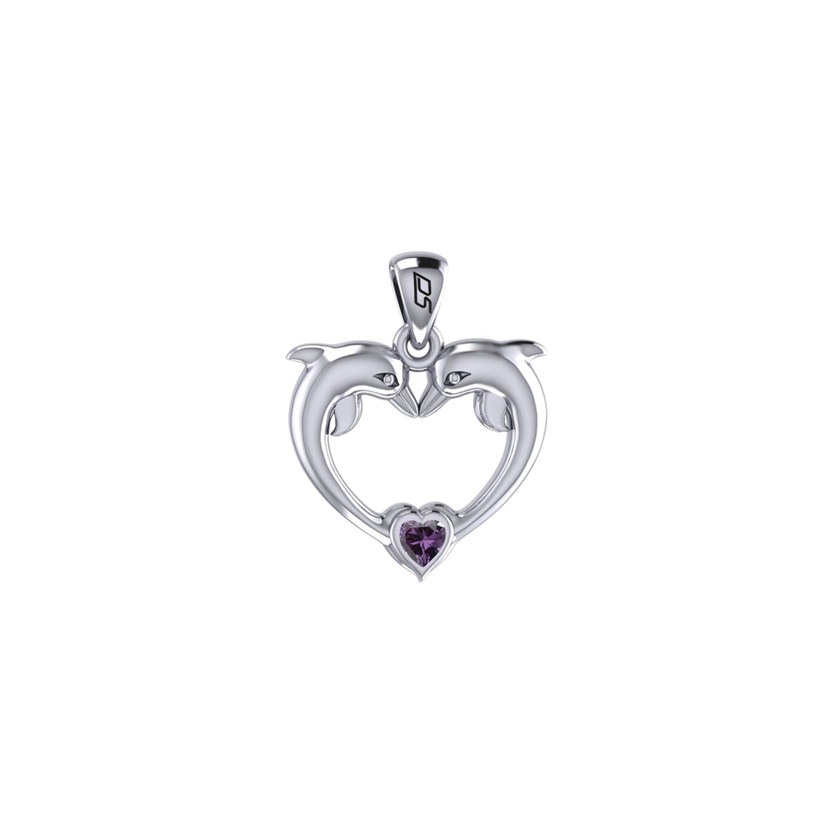 Double Dolphin With Heart Gemstone Sterling SIlver Pendant TPD6441