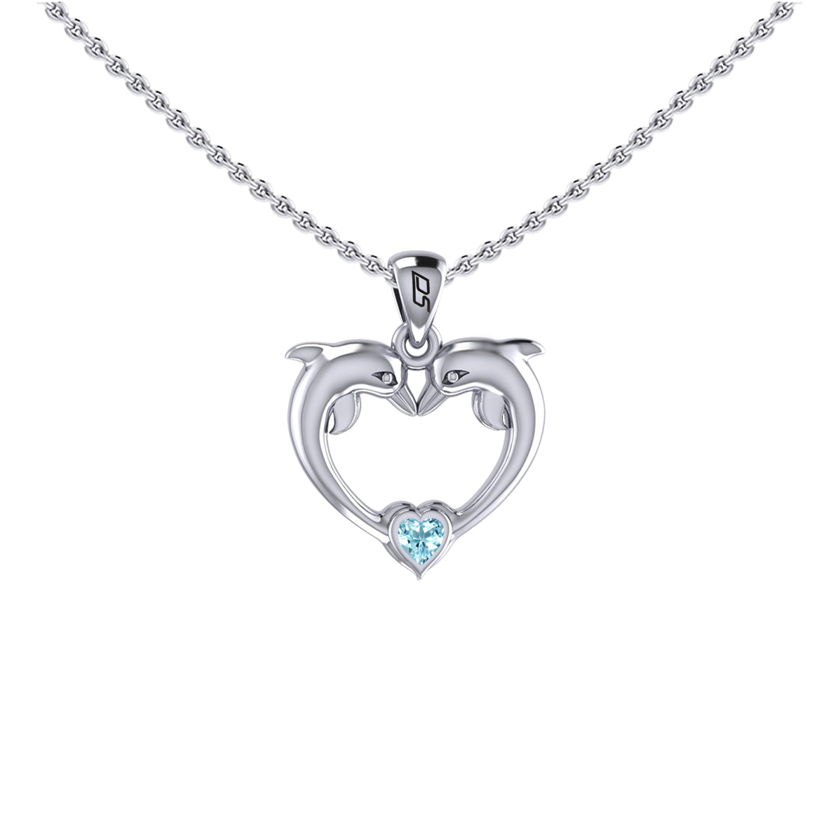 Double Dolphin With Heart Gemstone Sterling SIlver Pendant TPD6441