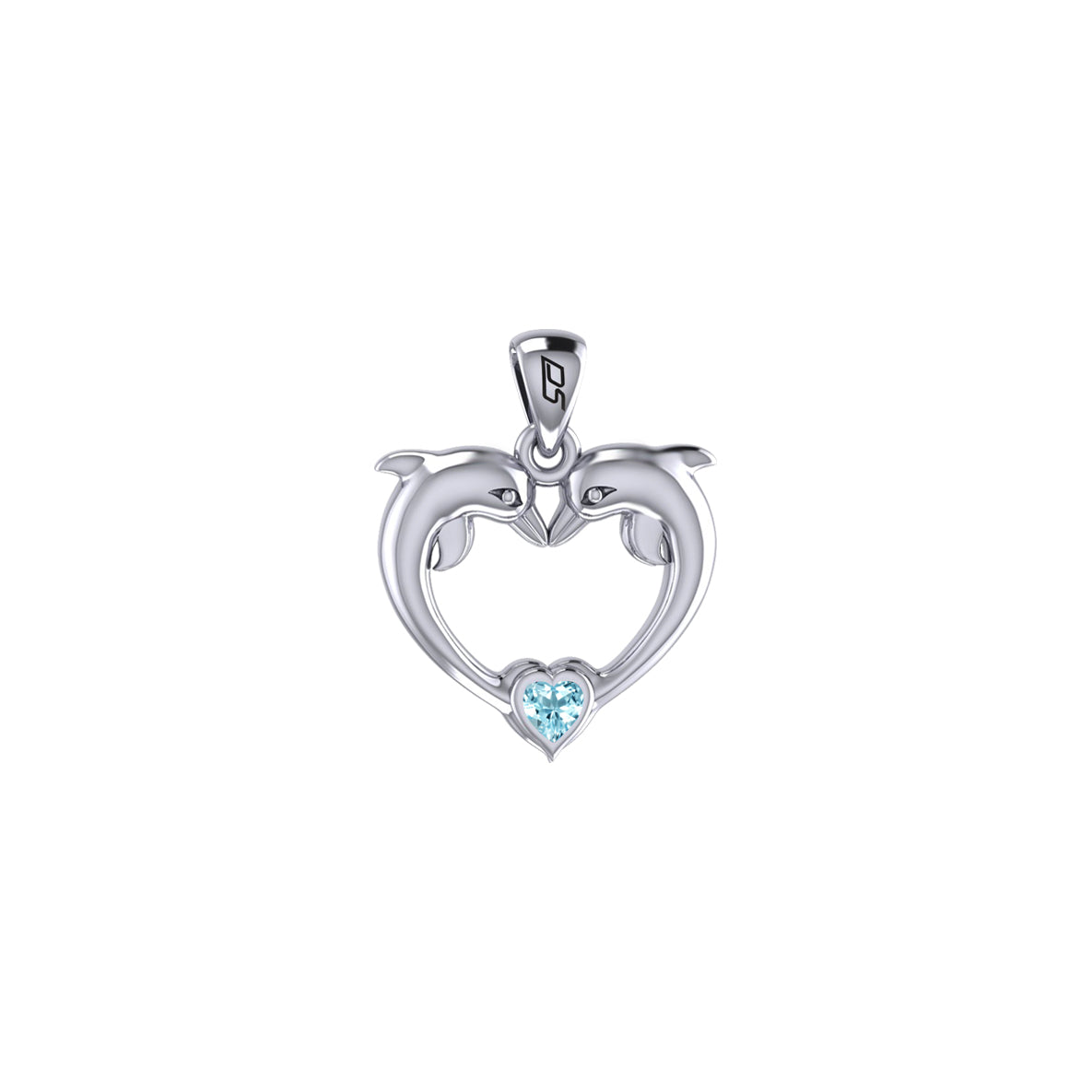 Double Dolphin With Heart Gemstone Sterling SIlver Pendant TPD6441