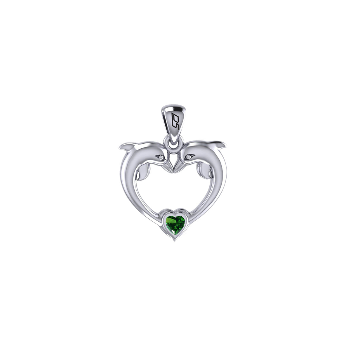 Double Dolphin With Heart Gemstone Sterling SIlver Pendant TPD6441
