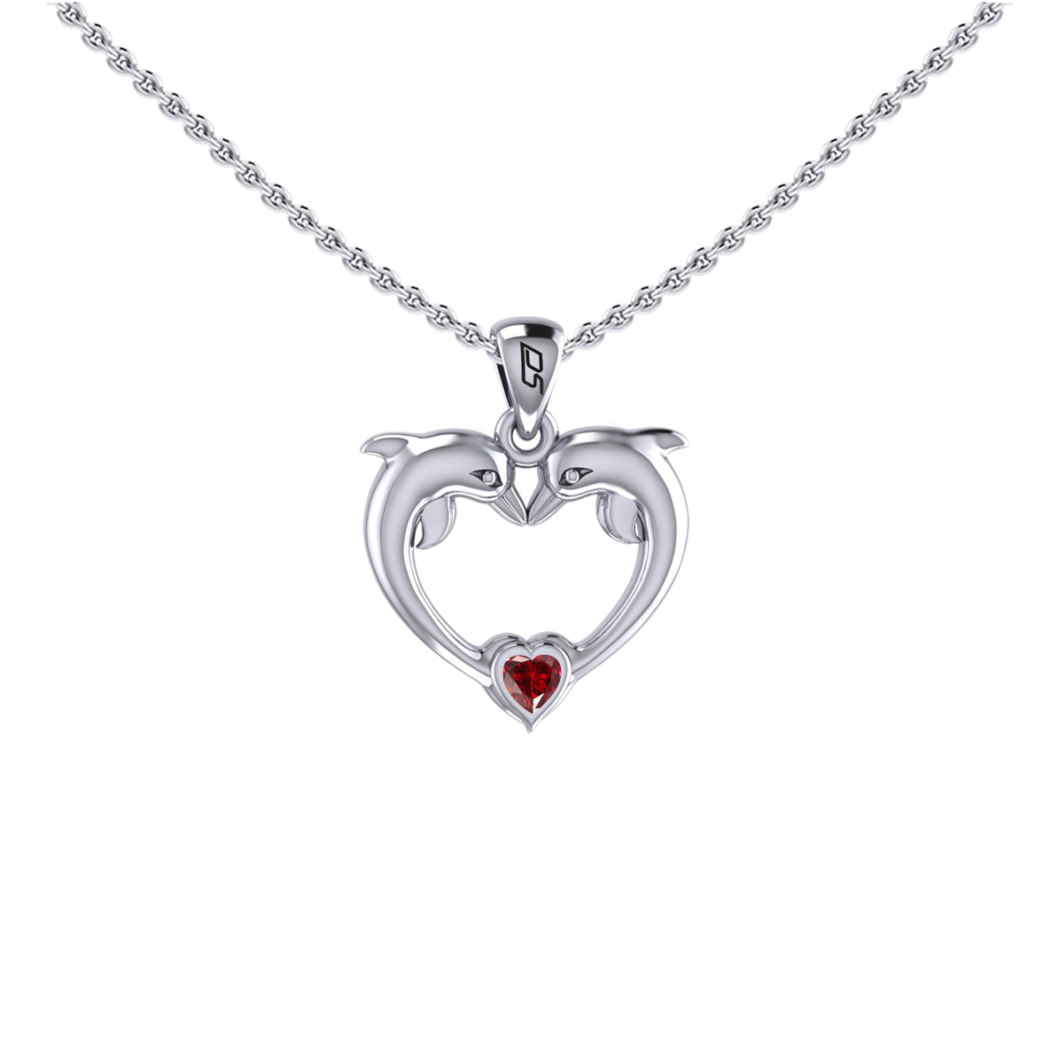 Double Dolphin With Heart Gemstone Sterling SIlver Pendant TPD6441