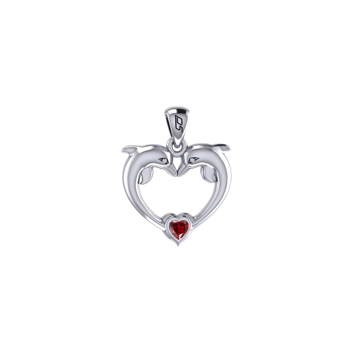 Double Dolphin With Heart Gemstone Sterling SIlver Pendant TPD6441