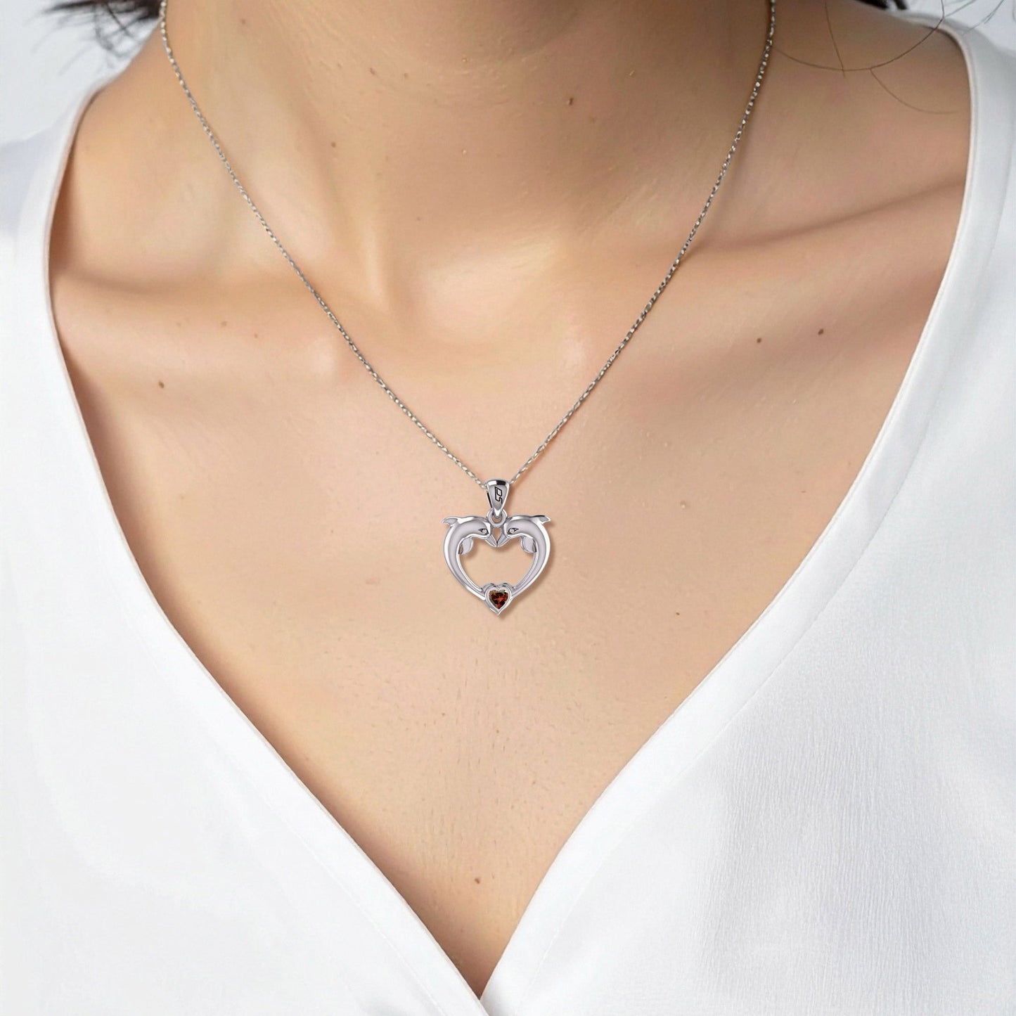 Double Dolphin With Heart Gemstone Sterling SIlver Pendant TPD6441