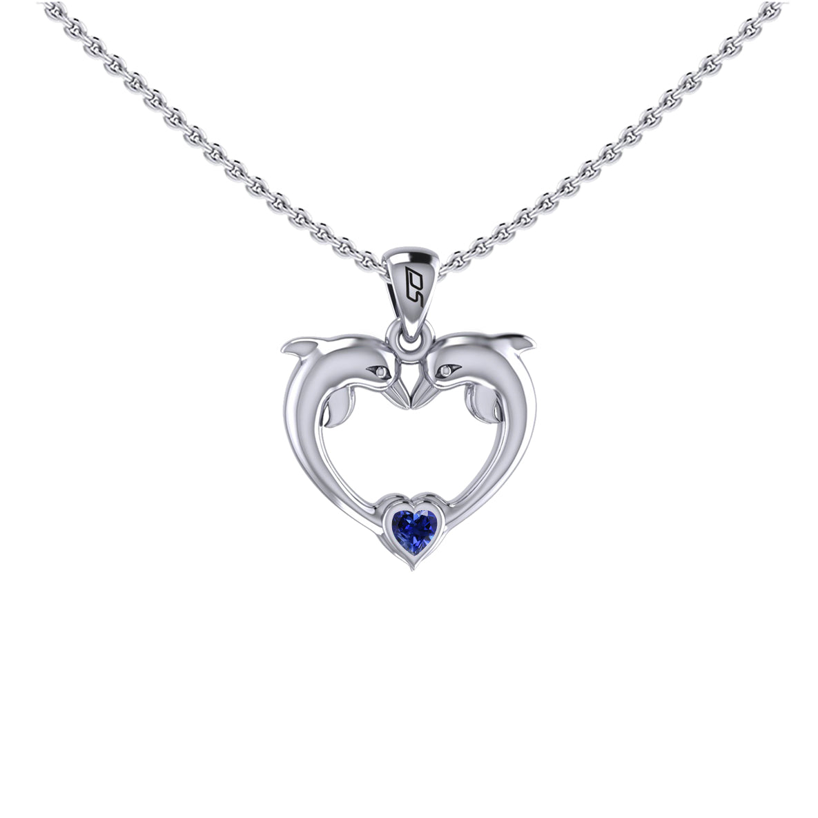 Double Dolphin With Heart Gemstone Sterling SIlver Pendant TPD6441