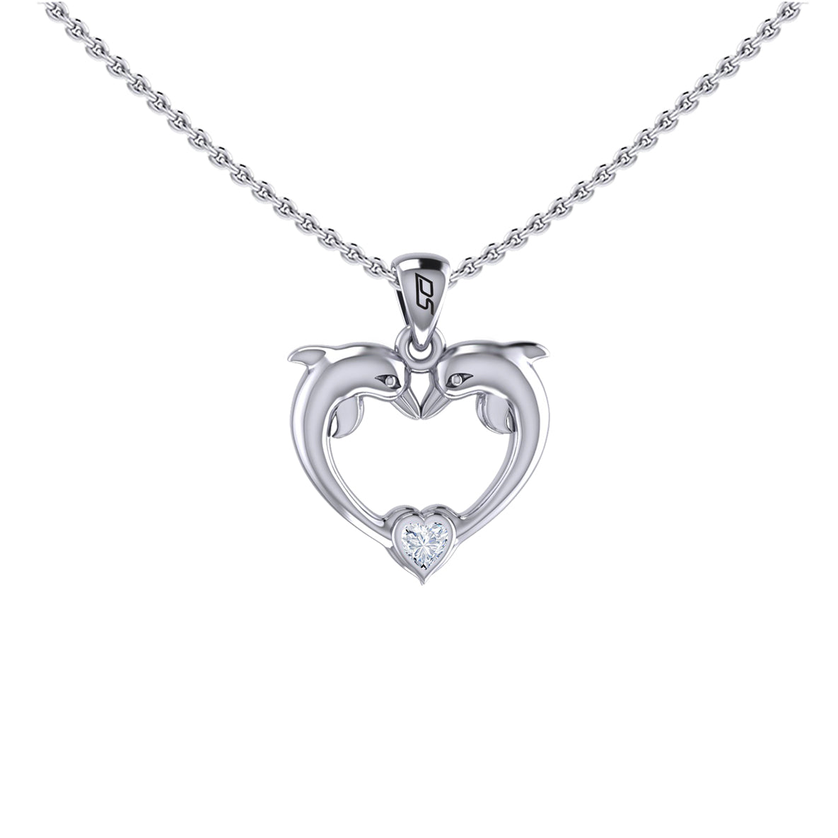 Double Dolphin With Heart Gemstone Sterling SIlver Pendant TPD6441