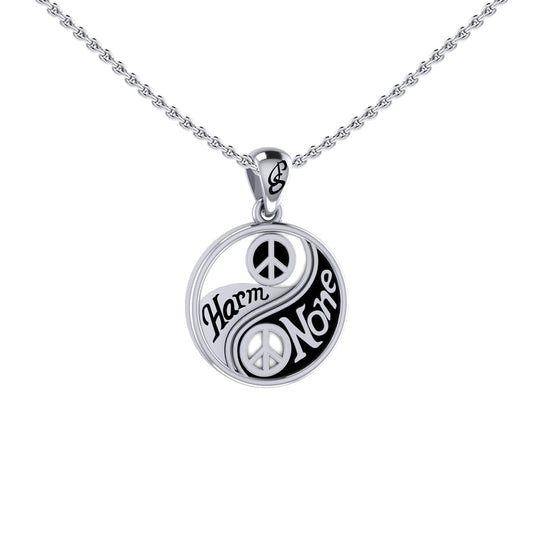 Harm None with Peace Symbols in Yin Yang Sterling Silver Pendant TPD6455